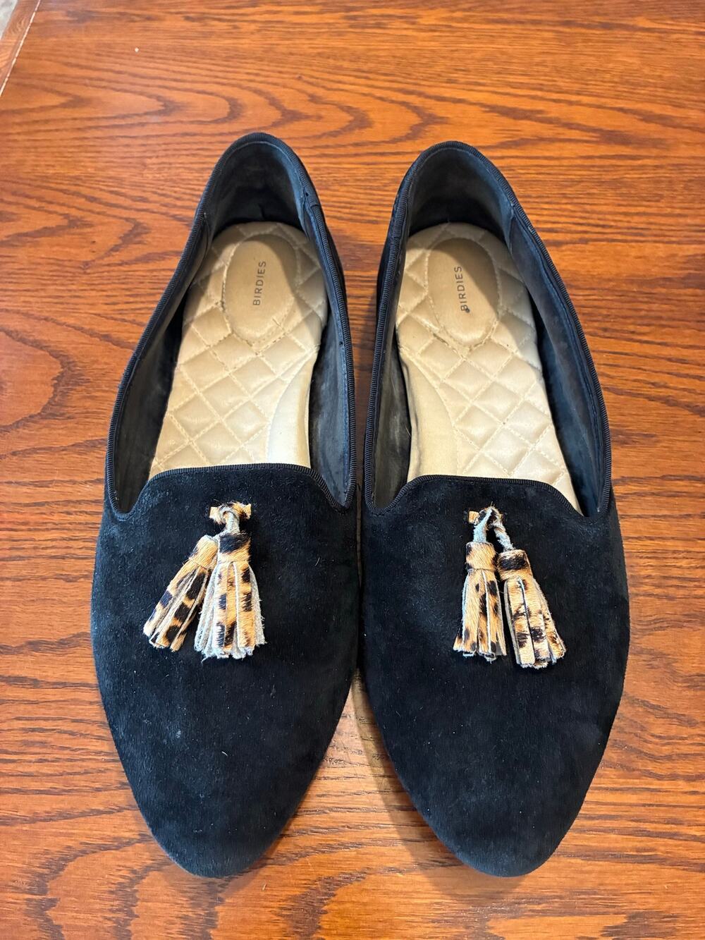 Birdies Women's Blackbird Black Leopard Tassel Quilted Footbed Loafer Flats Sz12